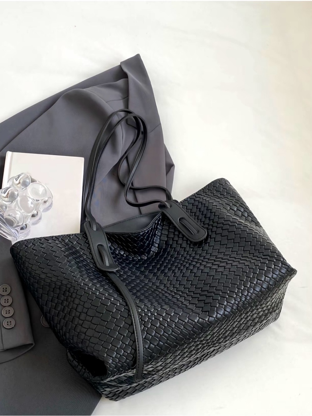 Black Woven Tote Bag with Double Shoulder Straps - Picture 7 of 9